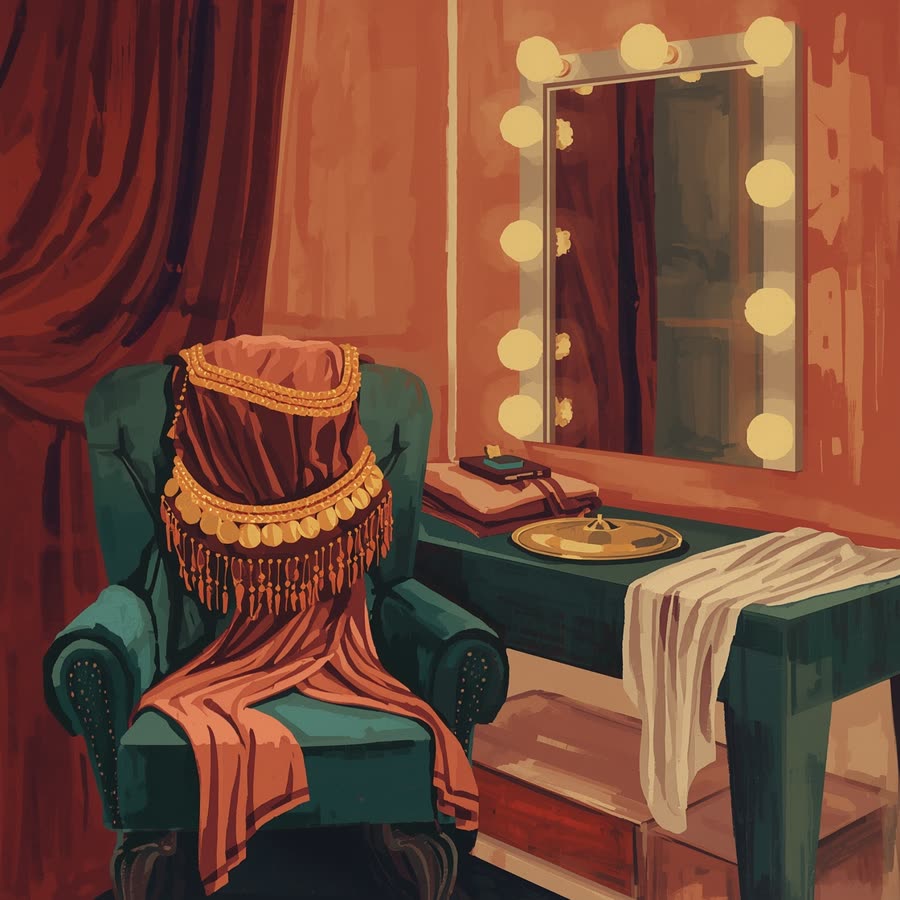 Ilustración de un camerino con un cinturón de monedas, un velo y un espejo con luces
