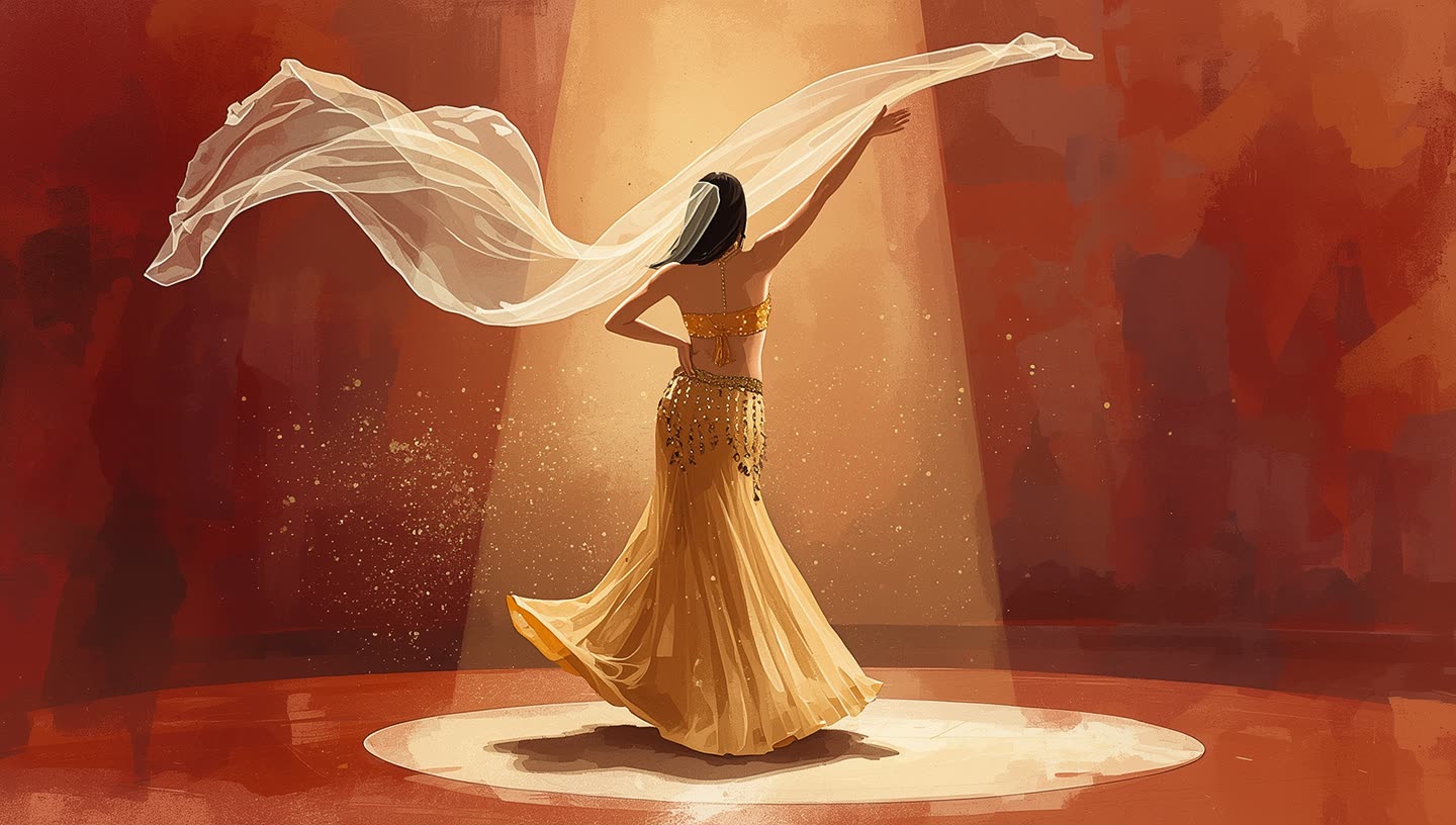 Ilustración de una bailarina de danza oriental girando en el escenario con un velo al vuelo